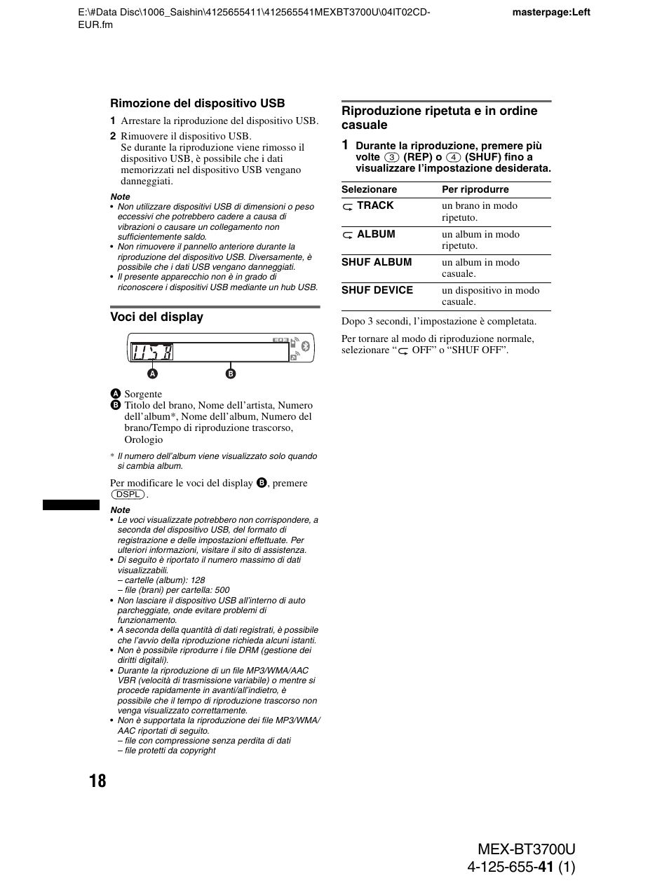 Voci del display, Riproduzione ripetuta e in ordine casuale | Sony Bluetooth BT3700U User Manual | Page 120 / 180