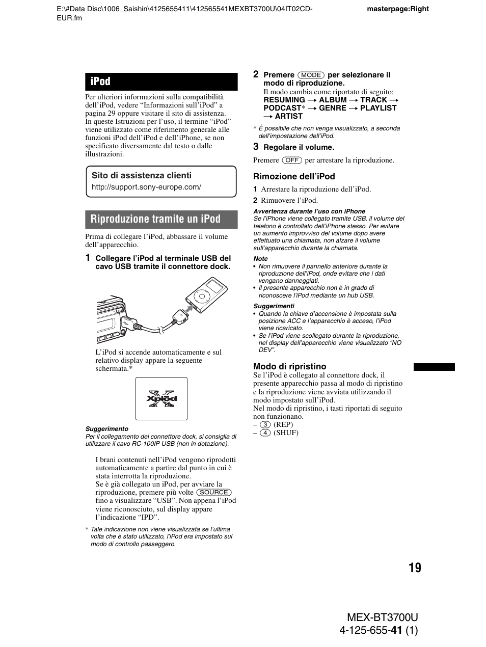 Ipod, Riproduzione tramite un ipod | Sony Bluetooth BT3700U User Manual | Page 121 / 180