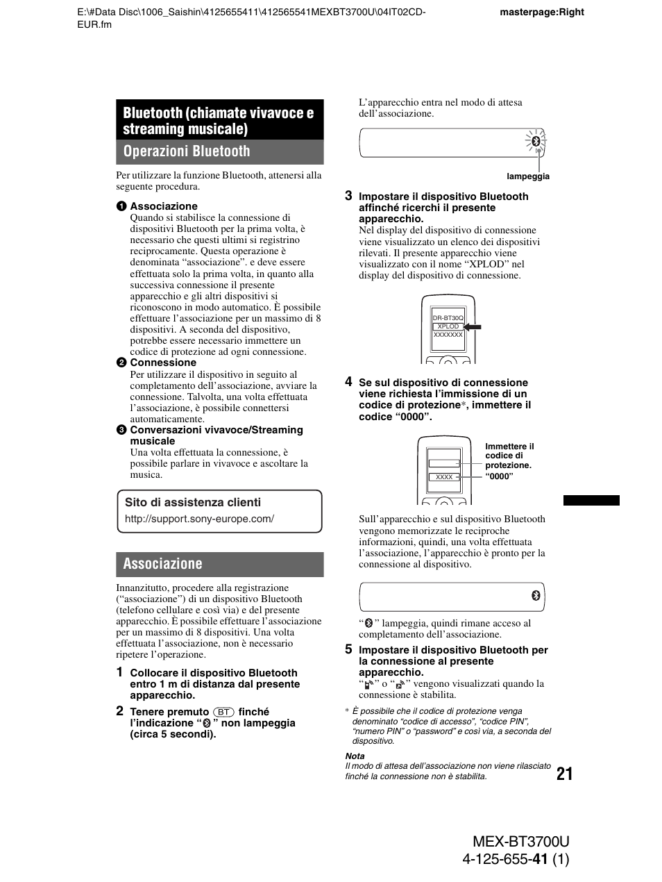 Bluetooth (chiamate vivavoce e streaming musicale), Operazioni bluetooth, Associazione | Operazioni bluetooth associazione | Sony Bluetooth BT3700U User Manual | Page 123 / 180