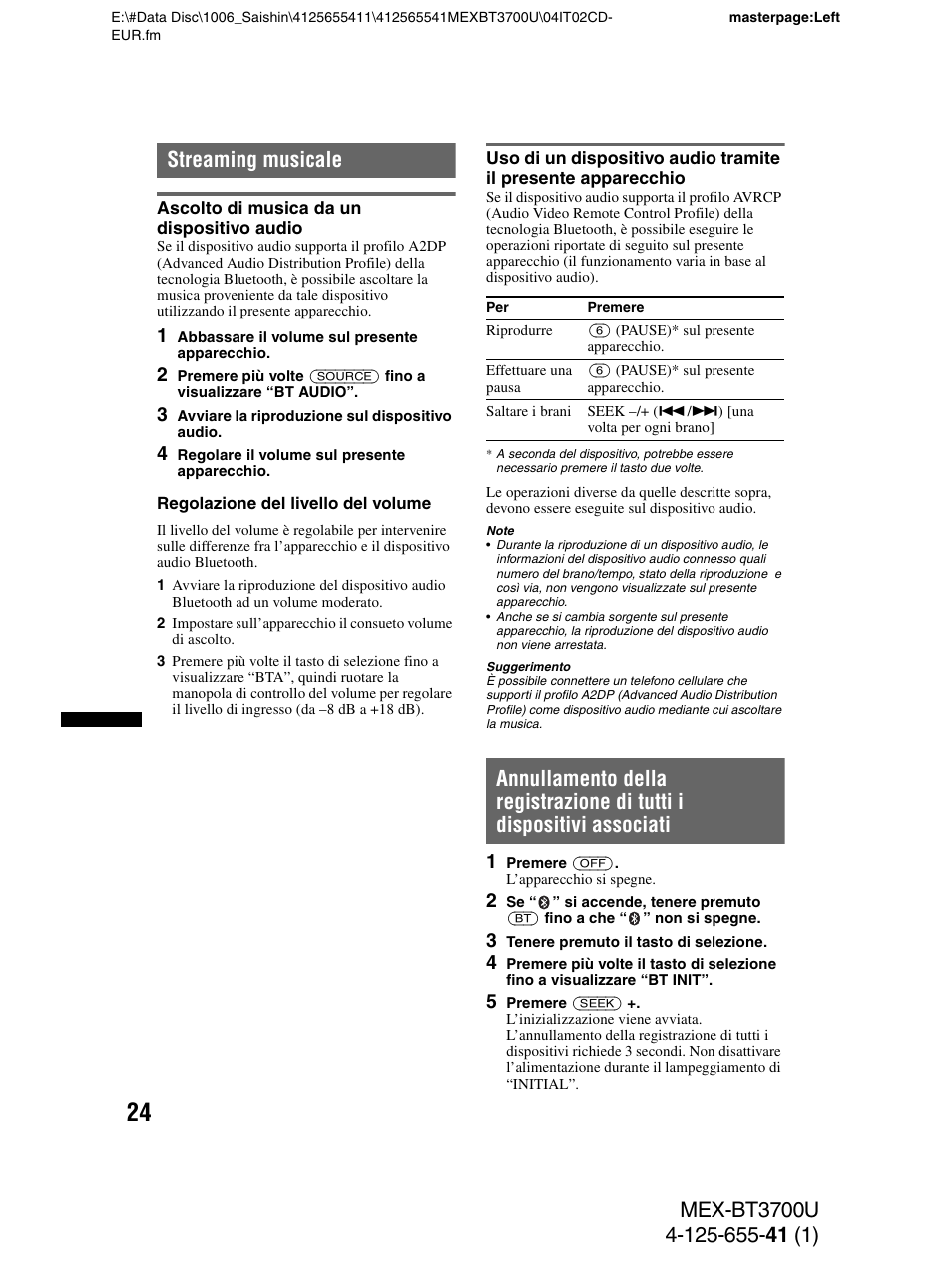 Streaming musicale, Ascolto di musica da un dispositivo audio | Sony Bluetooth BT3700U User Manual | Page 126 / 180