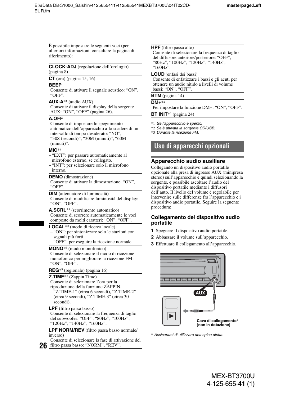 Uso di apparecchi opzionali, Apparecchio audio ausiliare | Sony Bluetooth BT3700U User Manual | Page 128 / 180