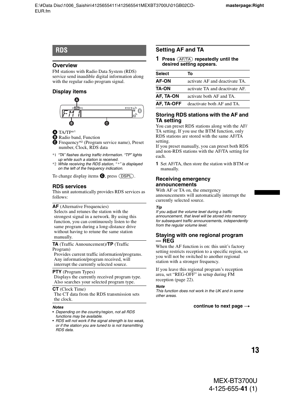 Overview, Setting af and ta, Overview setting af and ta | Sony Bluetooth BT3700U User Manual | Page 13 / 180