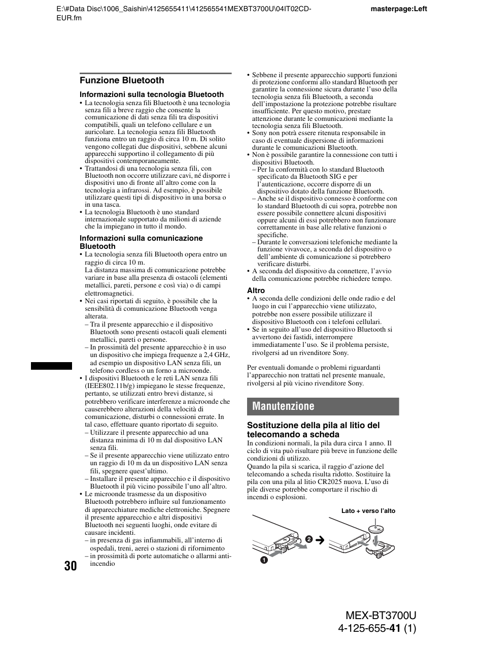 Funzione bluetooth, Manutenzione | Sony Bluetooth BT3700U User Manual | Page 132 / 180