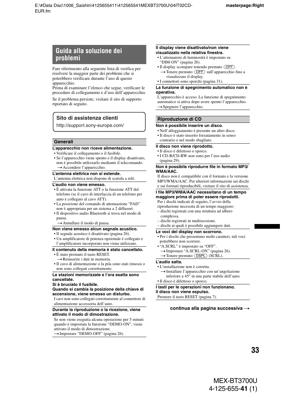 Guida alla soluzione dei problemi | Sony Bluetooth BT3700U User Manual | Page 135 / 180