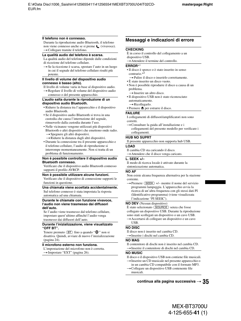 Messaggi e indicazioni di errore | Sony Bluetooth BT3700U User Manual | Page 137 / 180