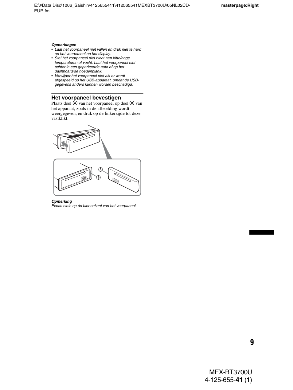 Het voorpaneel bevestigen | Sony Bluetooth BT3700U User Manual | Page 147 / 180