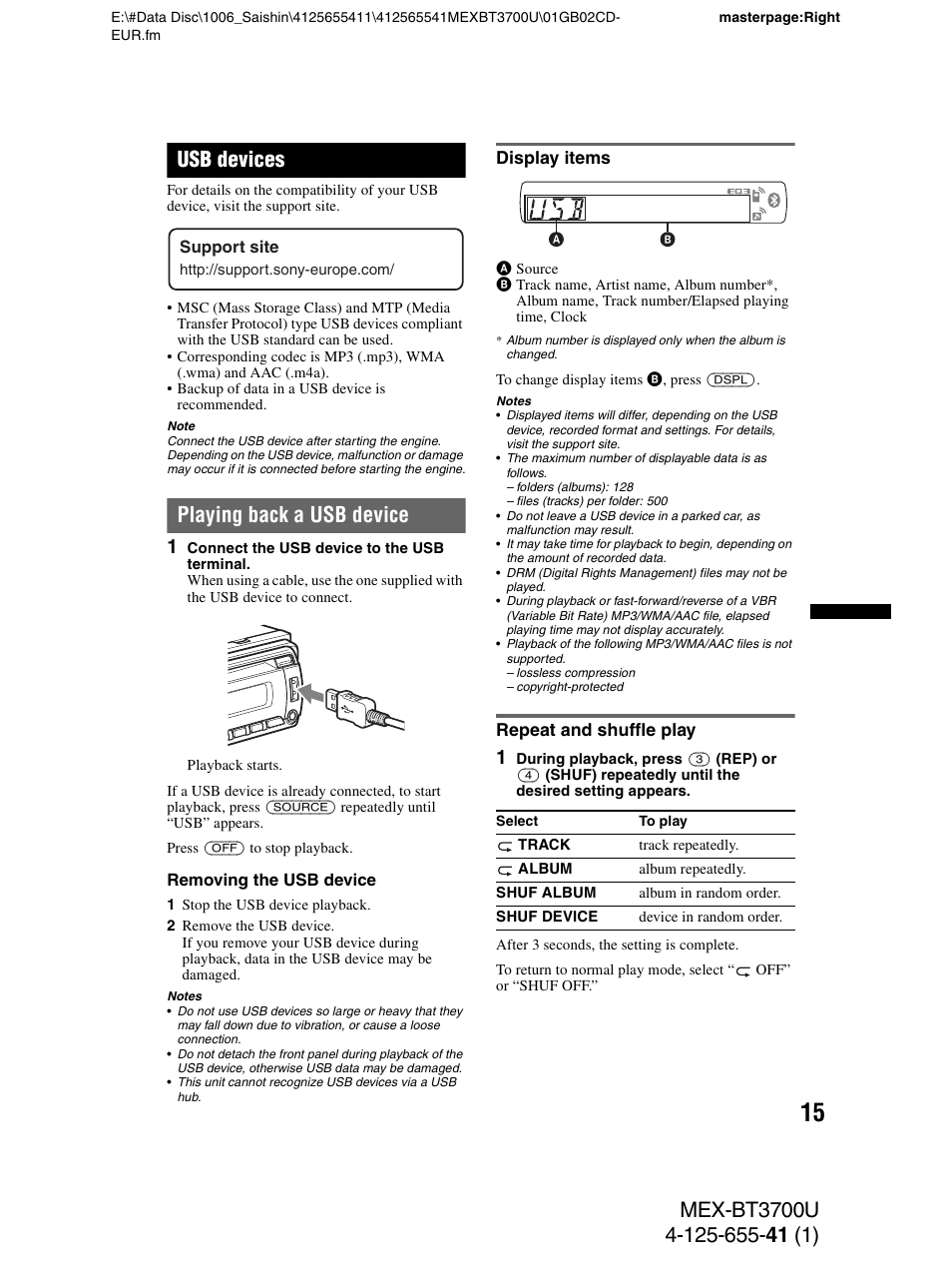 Usb devices, Playing back a usb device, Display items | Repeat and shuffle play, Display items repeat and shuffle play | Sony Bluetooth BT3700U User Manual | Page 15 / 180