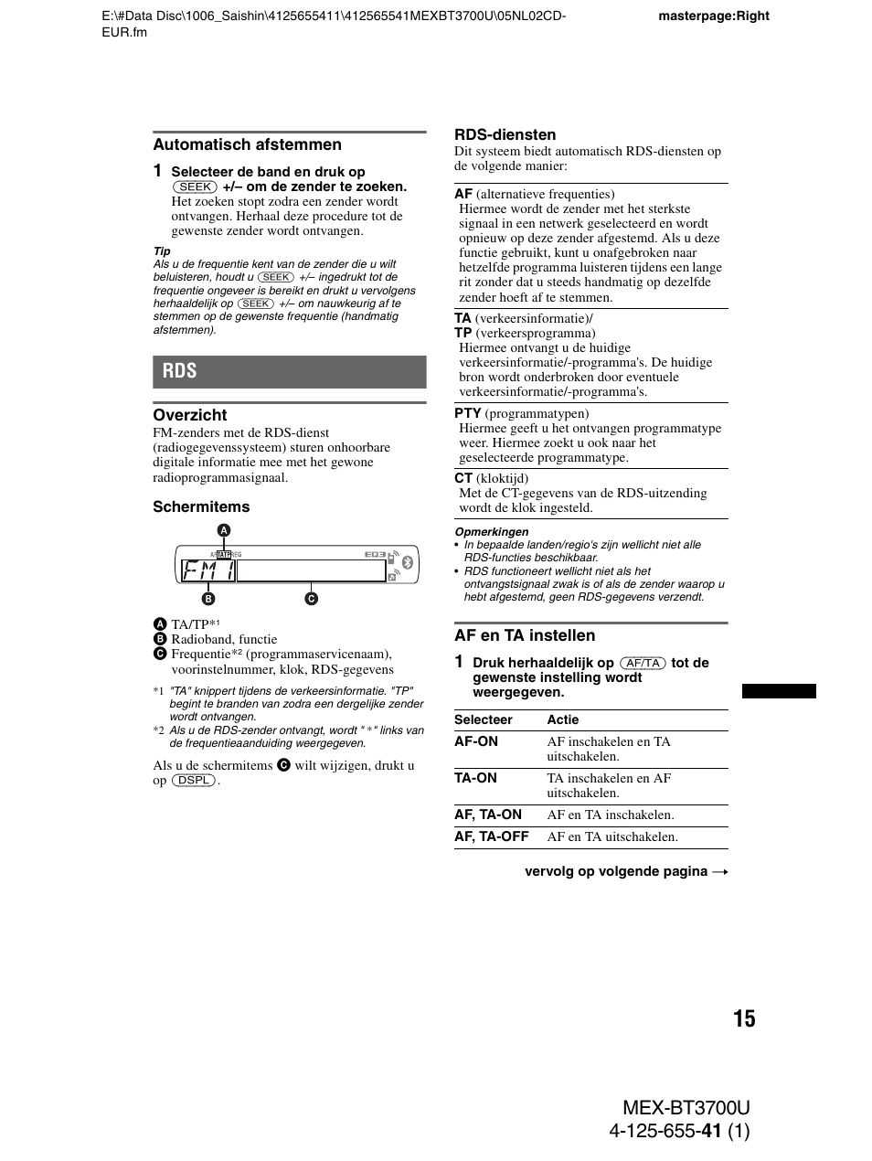 Automatisch afstemmen, Overzicht, Af en ta instellen | Overzicht af en ta instellen | Sony Bluetooth BT3700U User Manual | Page 153 / 180