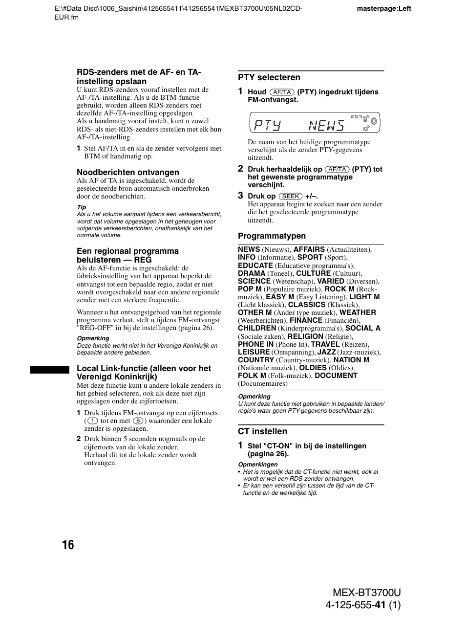 Pty selecteren, Ct instellen, Pty selecteren ct instellen | Sony Bluetooth BT3700U User Manual | Page 154 / 180