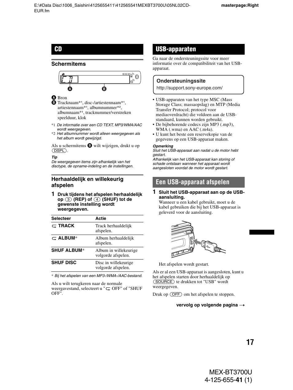 Schermitems, Herhaaldelijk en willekeurig afspelen, Usb-apparaten | Een usb-apparaat afspelen, Schermitems herhaaldelijk en willekeurig afspelen | Sony Bluetooth BT3700U User Manual | Page 155 / 180