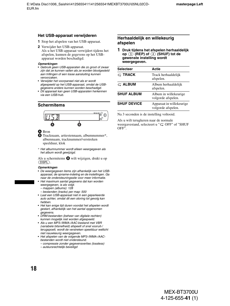 Schermitems, Herhaaldelijk en willekeurig afspelen, Schermitems herhaaldelijk en willekeurig afspelen | Sony Bluetooth BT3700U User Manual | Page 156 / 180