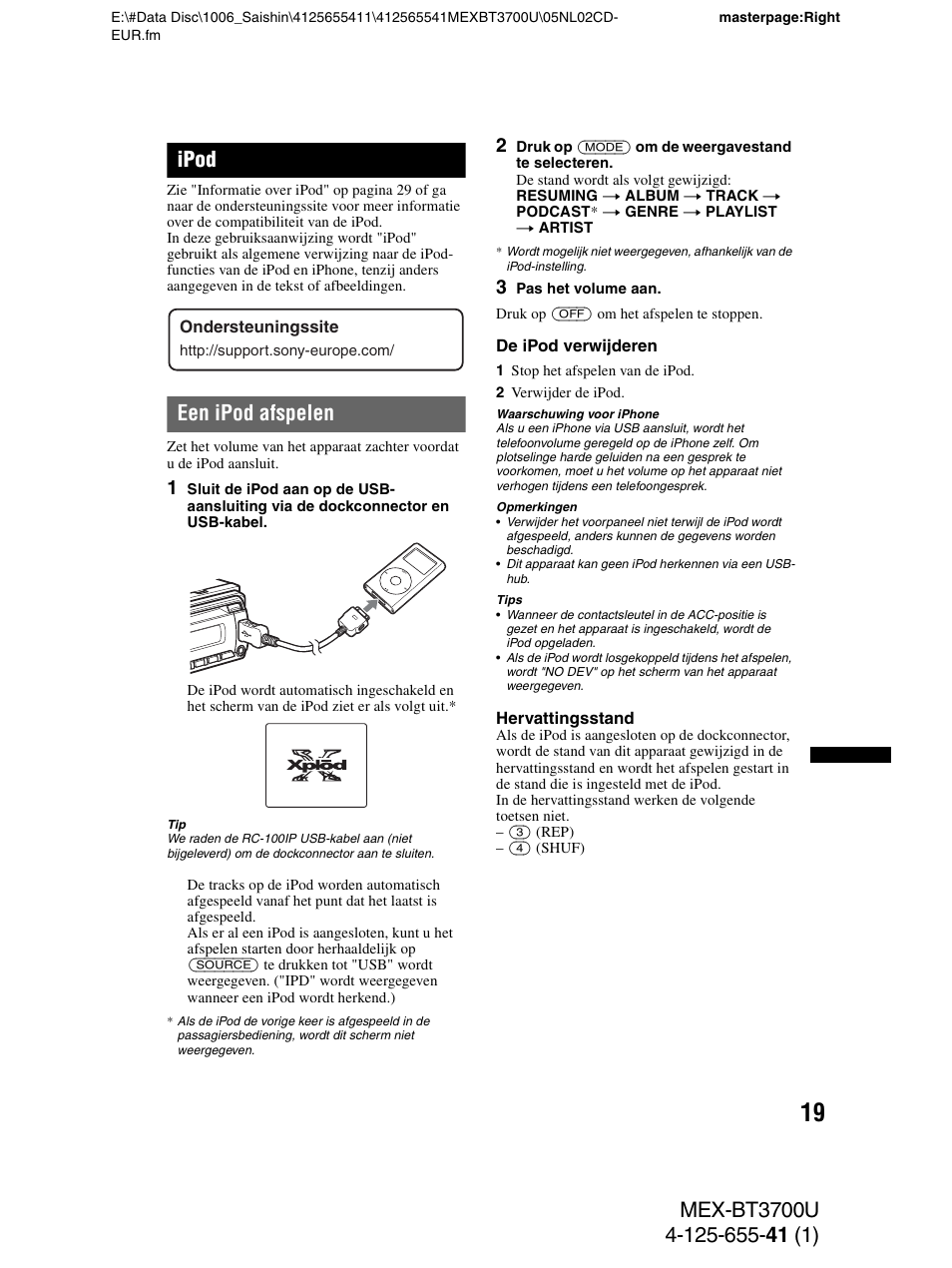 Ipod, Een ipod afspelen | Sony Bluetooth BT3700U User Manual | Page 157 / 180