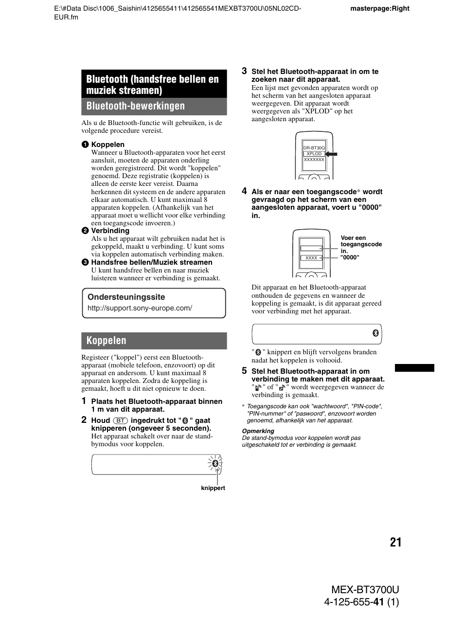 Bluetooth (handsfree bellen en muziek streamen), Bluetooth-bewerkingen, Koppelen | Bluetooth-bewerkingen koppelen | Sony Bluetooth BT3700U User Manual | Page 159 / 180