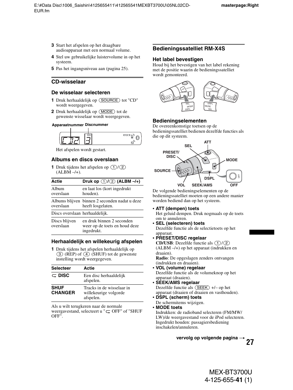 Cd-wisselaar, Bedieningssatelliet rm-x4s, Cd-wisselaar bedieningssatelliet rm-x4s | Sony Bluetooth BT3700U User Manual | Page 165 / 180