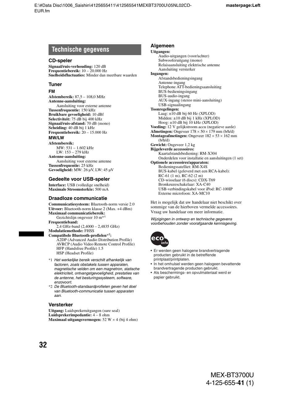 Technische gegevens | Sony Bluetooth BT3700U User Manual | Page 170 / 180