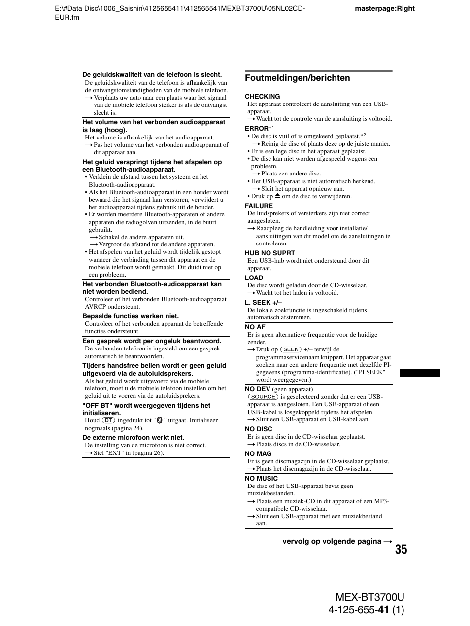 Foutmeldingen/berichten | Sony Bluetooth BT3700U User Manual | Page 173 / 180