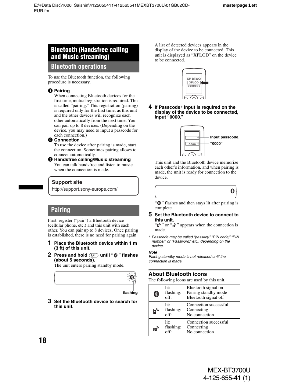 Bluetooth (handsfree calling and music streaming), Bluetooth operations, Pairing | About bluetooth icons, Bluetooth operations pairing | Sony Bluetooth BT3700U User Manual | Page 18 / 180