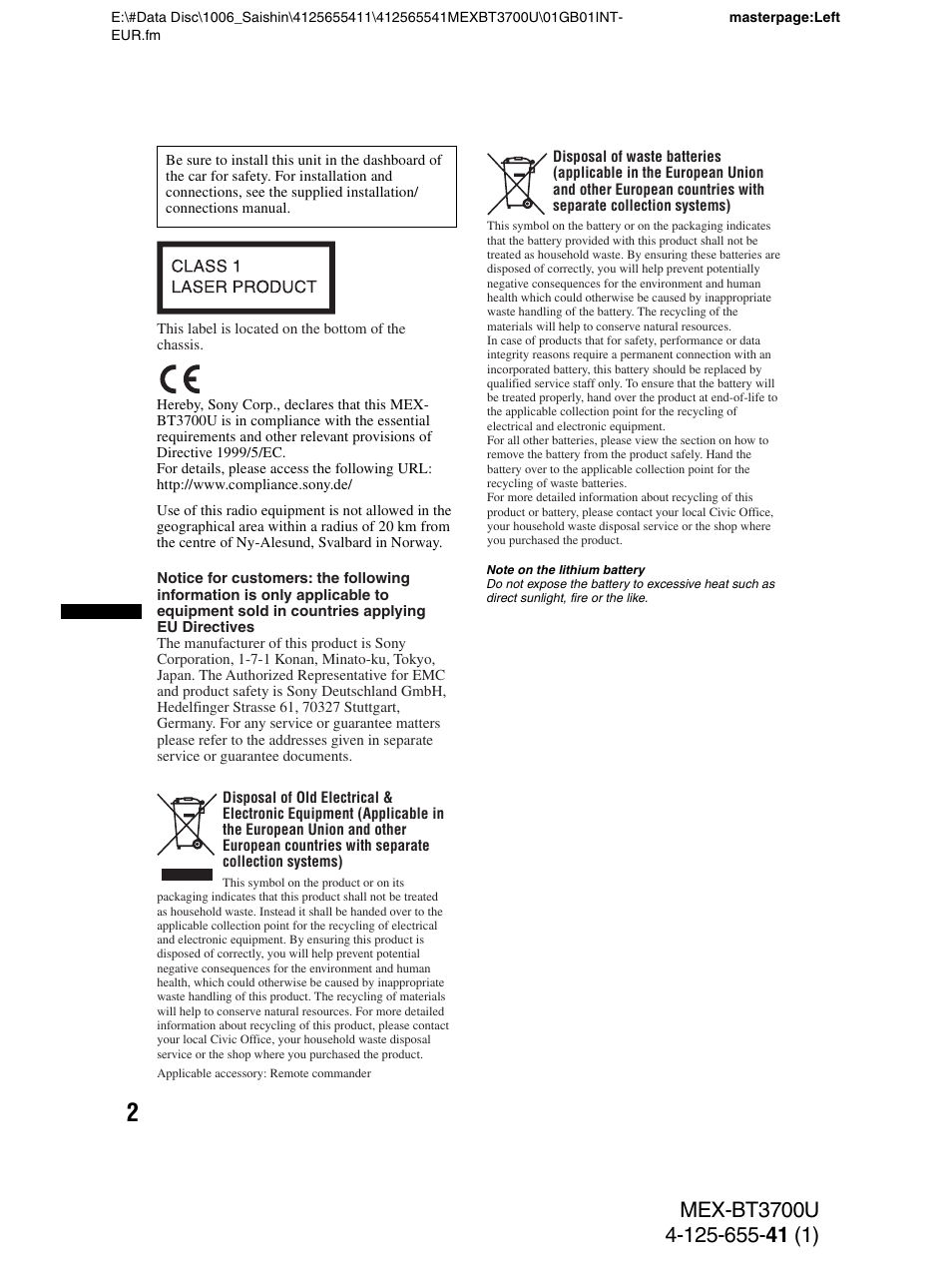 Sony Bluetooth BT3700U User Manual | Page 2 / 180