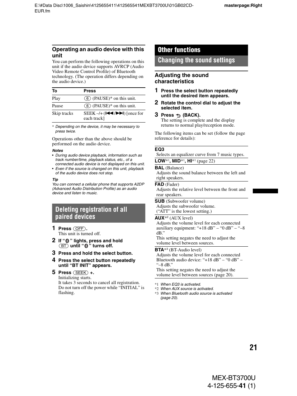 Operating an audio device with this unit, Deleting registration of all paired devices, Other functions | Changing the sound settings, Adjusting the sound characteristics, Other functions changing the sound settings | Sony Bluetooth BT3700U User Manual | Page 21 / 180