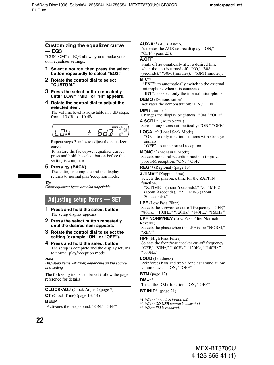 Customizing the equalizer curve - eq3, Adjusting setup items - set, Customizing the equalizer curve — eq3 | Adjusting setup items — set | Sony Bluetooth BT3700U User Manual | Page 22 / 180