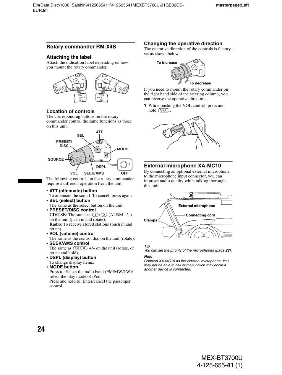 Rotary commander rm-x4s, External microphone xa-mc10 | Sony Bluetooth BT3700U User Manual | Page 24 / 180