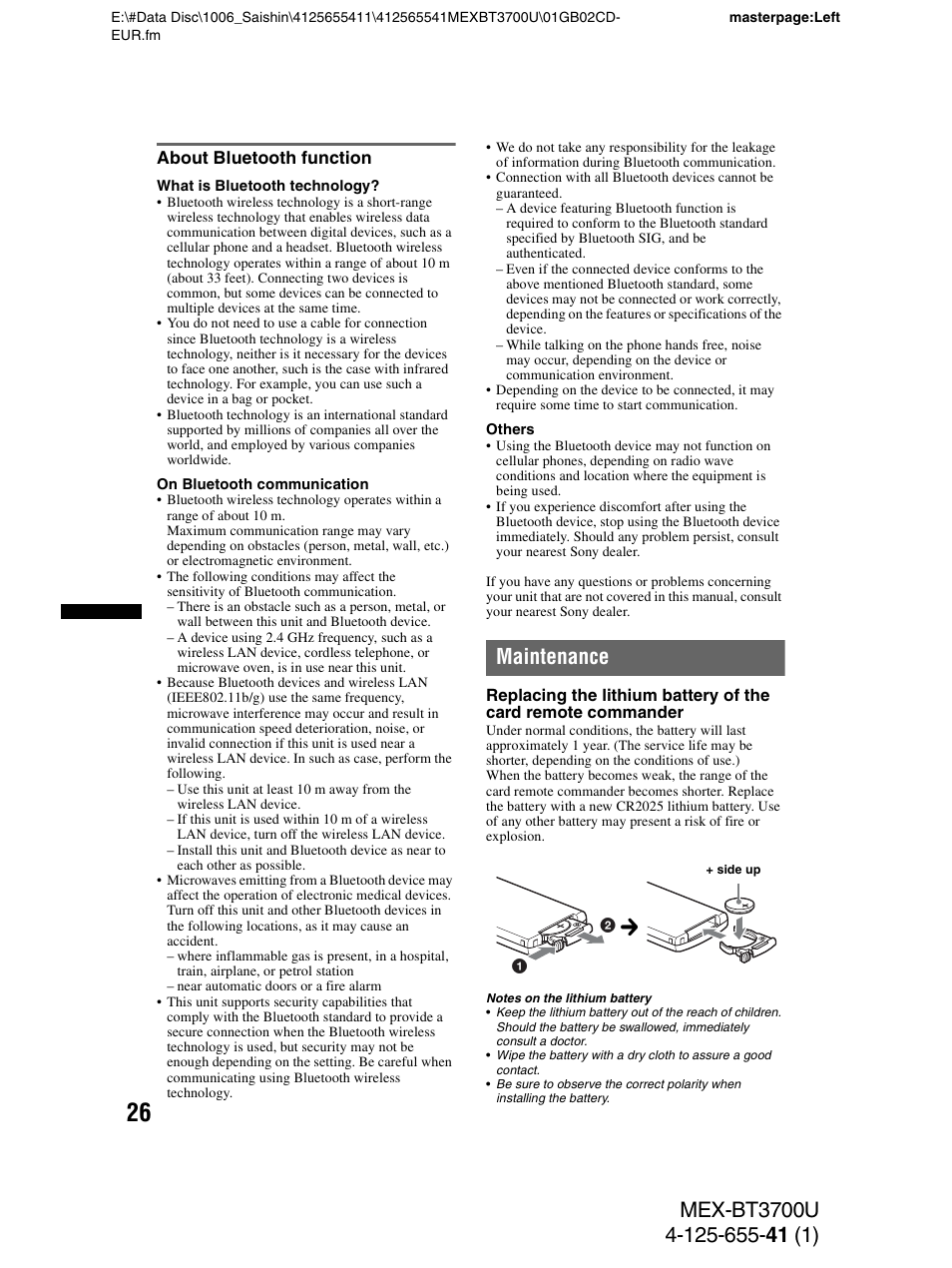 About bluetooth function, Maintenance | Sony Bluetooth BT3700U User Manual | Page 26 / 180