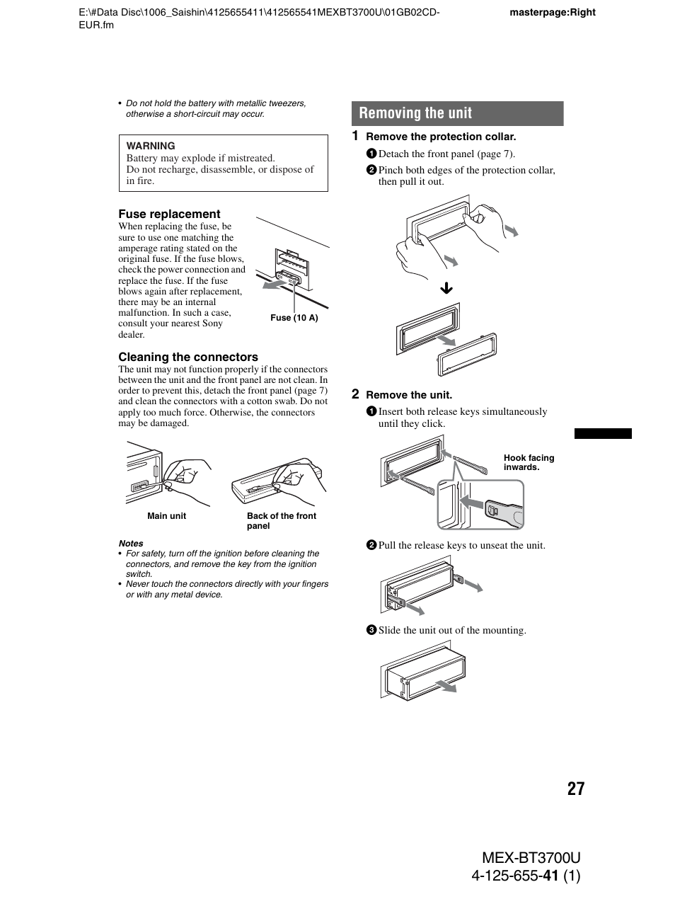 Removing the unit | Sony Bluetooth BT3700U User Manual | Page 27 / 180