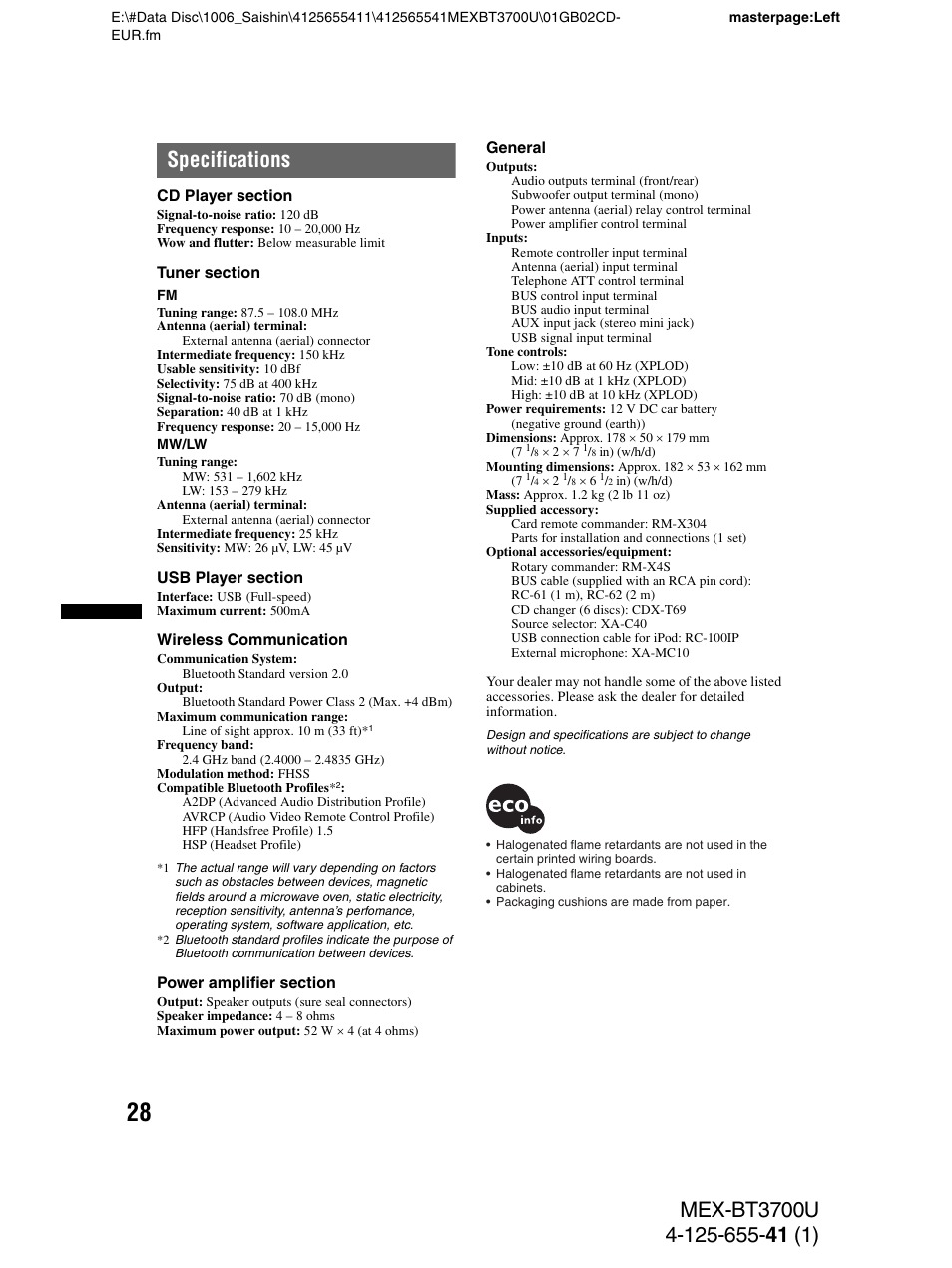 Specifications | Sony Bluetooth BT3700U User Manual | Page 28 / 180
