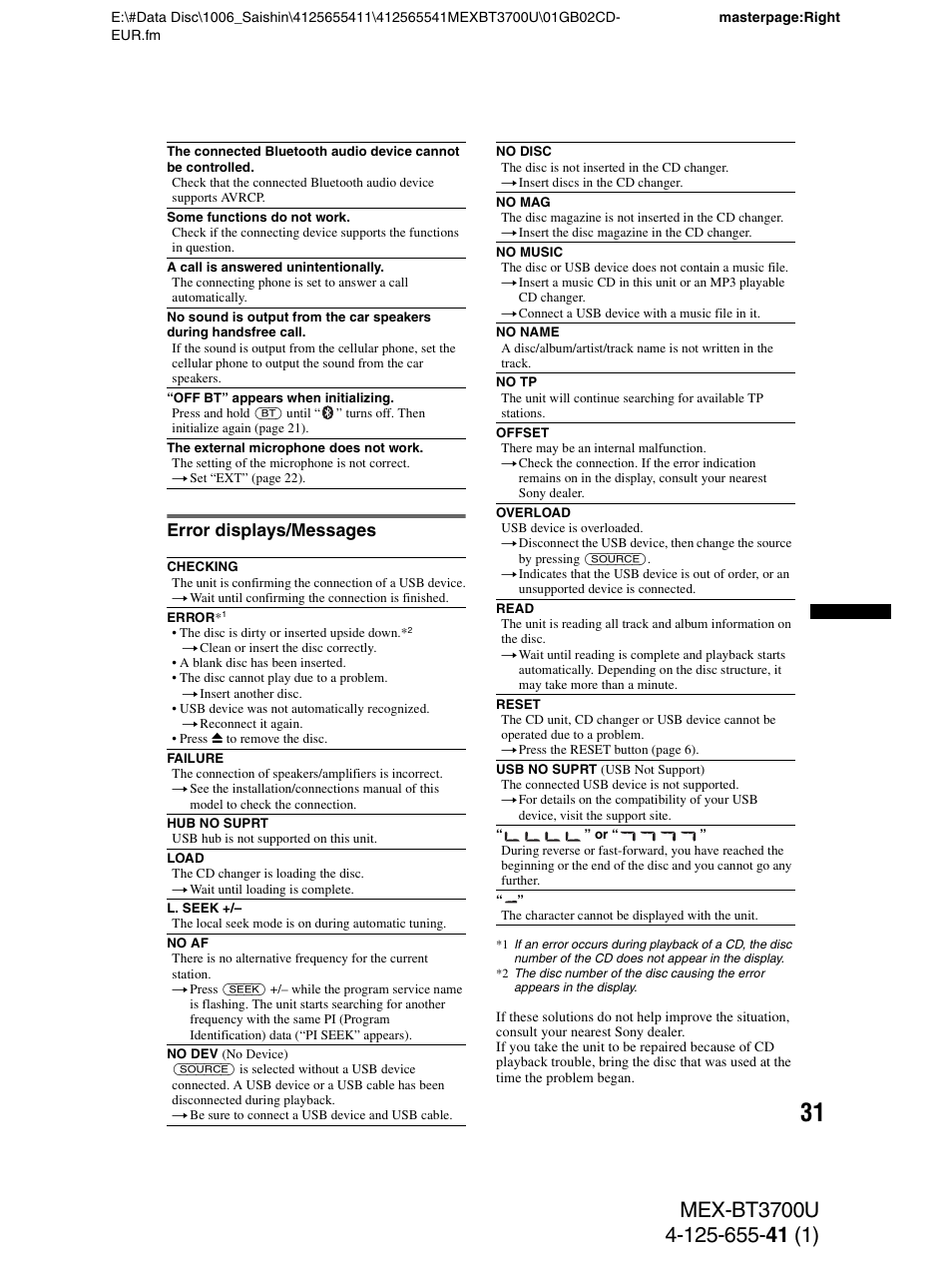 Error displays/messages | Sony Bluetooth BT3700U User Manual | Page 31 / 180