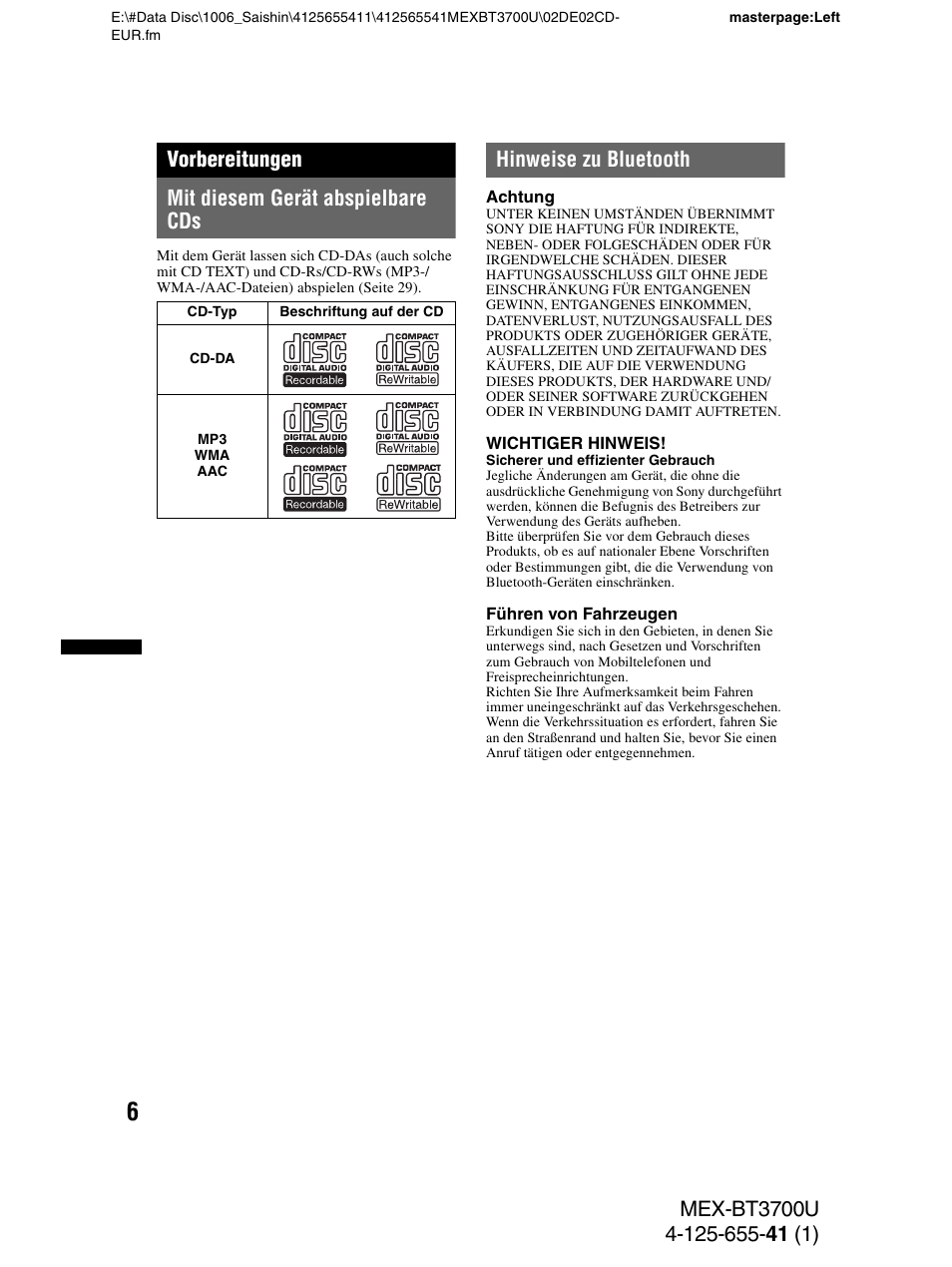 Vorbereitungen, Mit diesem gerät abspielbare cds, Hinweise zu bluetooth | Sony Bluetooth BT3700U User Manual | Page 36 / 180