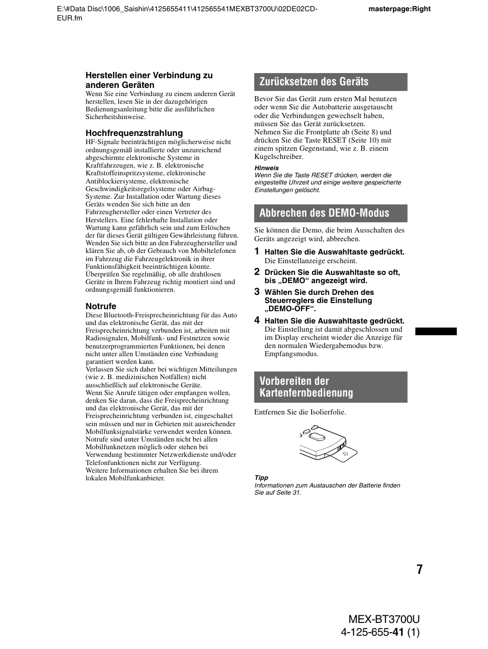 Zurücksetzen des geräts, Abbrechen des demo-modus, Vorbereiten der kartenfernbedienung | Seite 7 | Sony Bluetooth BT3700U User Manual | Page 37 / 180