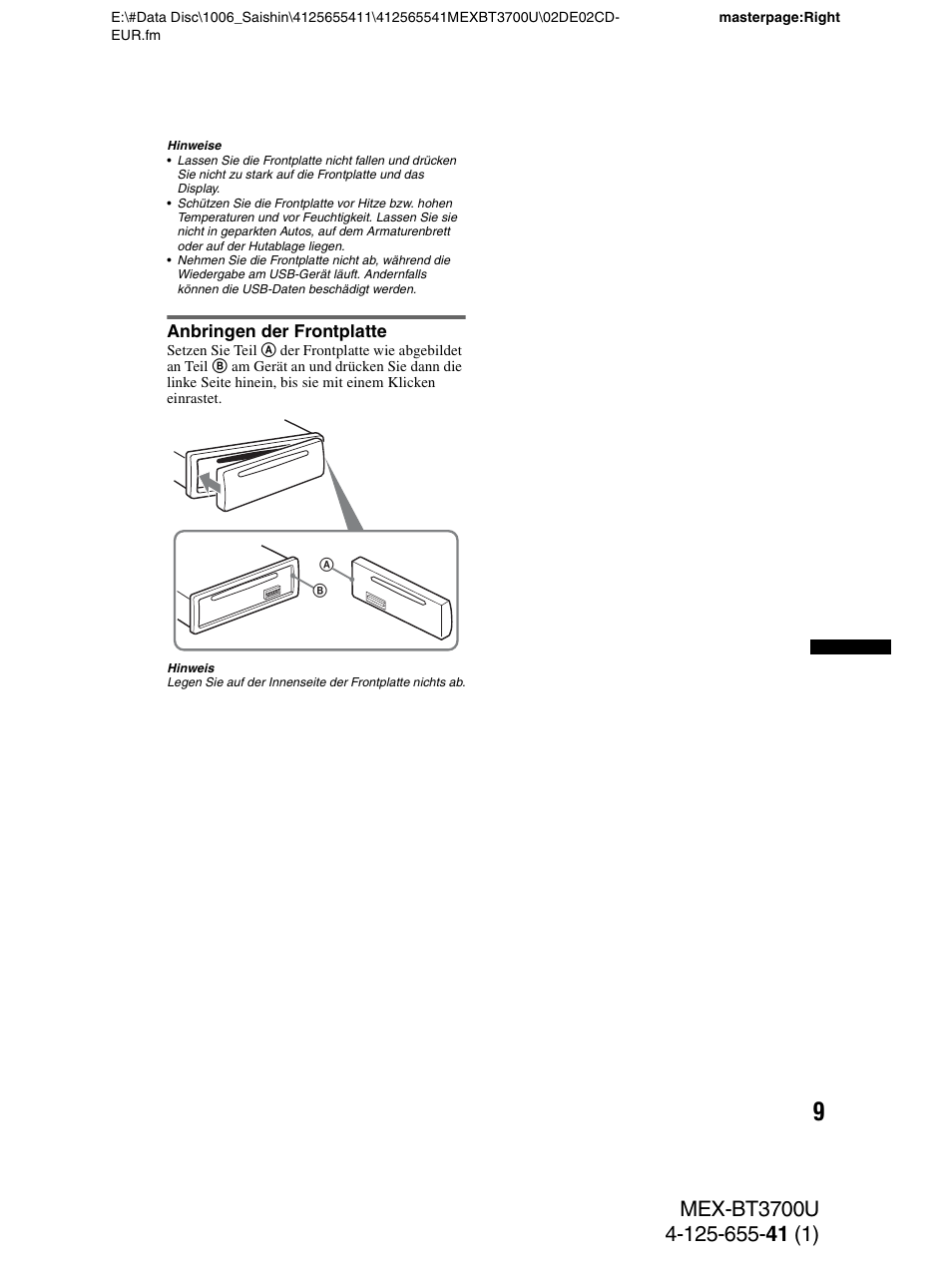 Anbringen der frontplatte | Sony Bluetooth BT3700U User Manual | Page 39 / 180