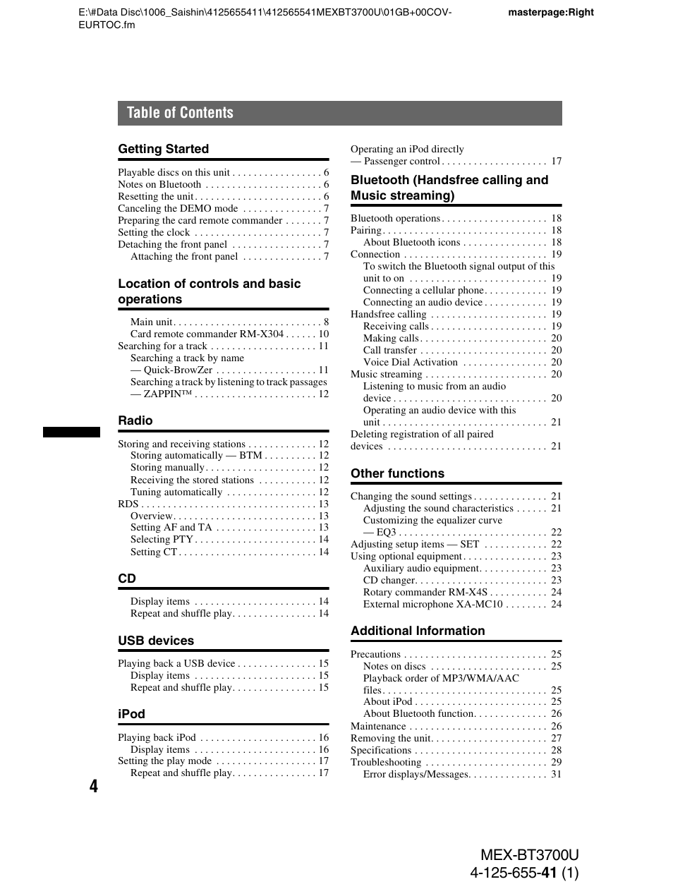 Sony Bluetooth BT3700U User Manual | Page 4 / 180