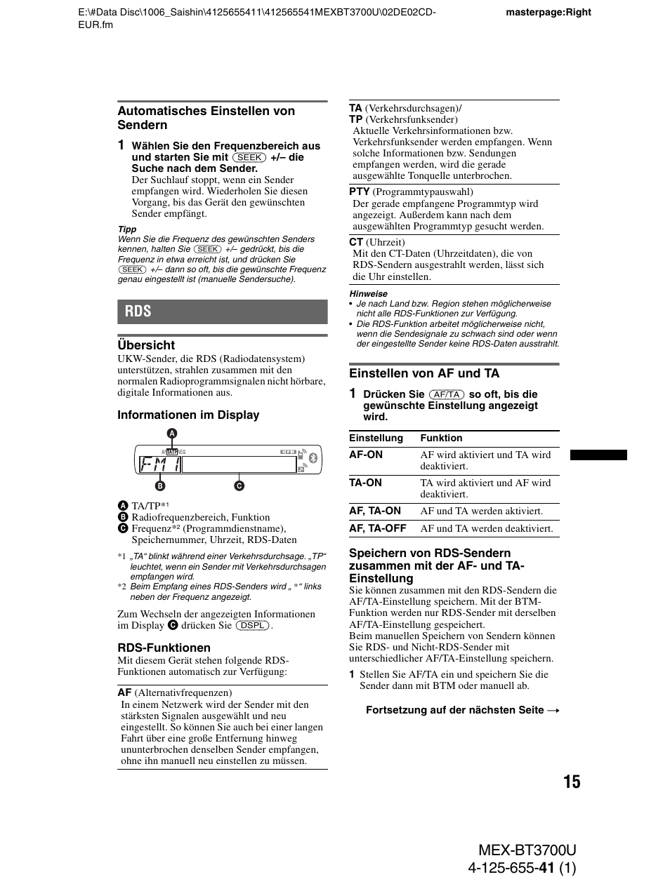 Automatisches einstellen von sendern, Übersicht, Einstellen von af und ta | Übersicht einstellen von af und ta, Seite 15 | Sony Bluetooth BT3700U User Manual | Page 45 / 180