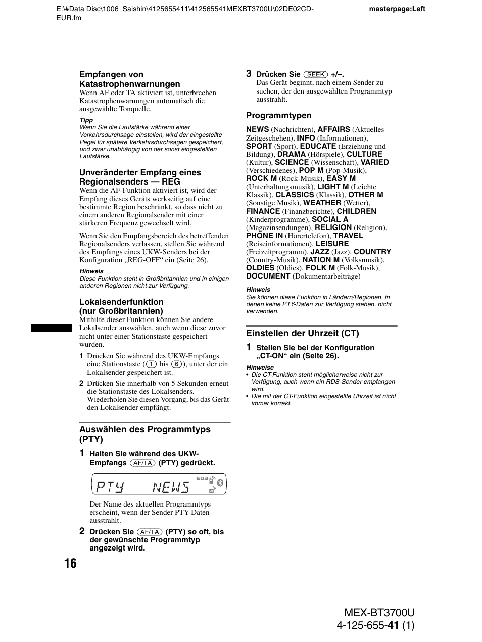 Auswählen des programmtyps (pty), Einstellen der uhrzeit (ct) | Sony Bluetooth BT3700U User Manual | Page 46 / 180