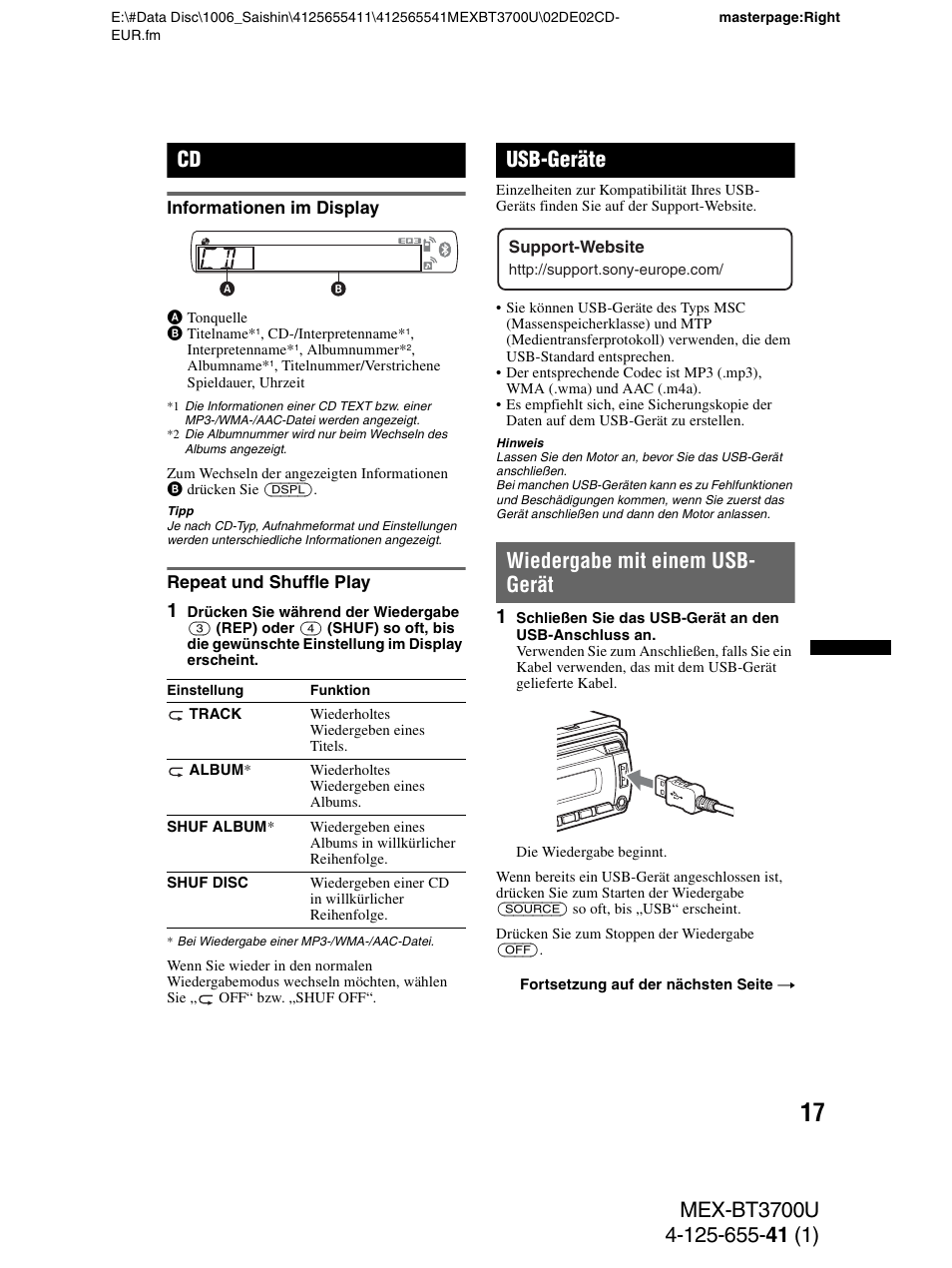 Informationen im display, Repeat und shuffle play, Usb-geräte | Wiedergabe mit einem usb- gerät, Informationen im display repeat und shuffle play, Wiedergabe mit einem usb-gerät, Seite 17 | Sony Bluetooth BT3700U User Manual | Page 47 / 180