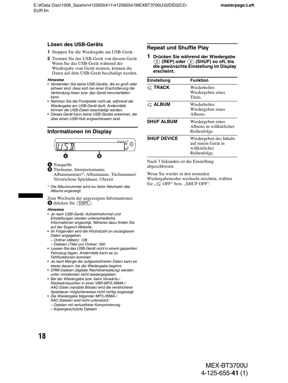 Informationen im display, Repeat und shuffle play, Informationen im display repeat und shuffle play | Sony Bluetooth BT3700U User Manual | Page 48 / 180