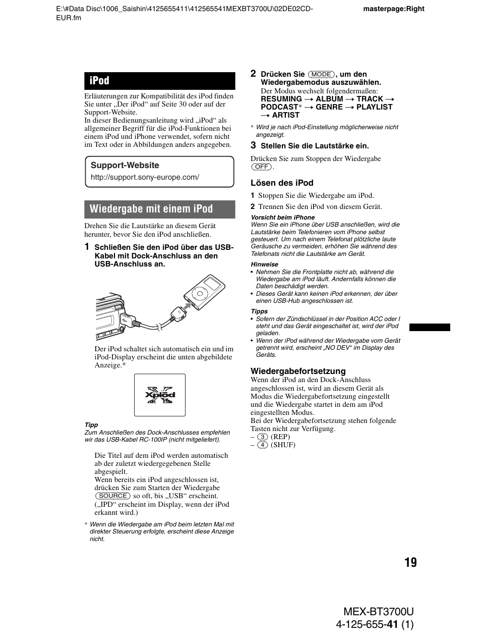 Ipod, Wiedergabe mit einem ipod | Sony Bluetooth BT3700U User Manual | Page 49 / 180