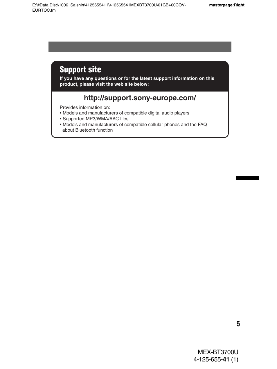 Support site | Sony Bluetooth BT3700U User Manual | Page 5 / 180