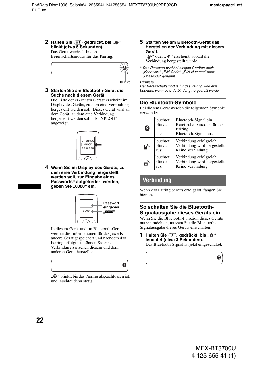 Die bluetooth-symbole, Verbindung, Seite 22 | Sony Bluetooth BT3700U User Manual | Page 52 / 180