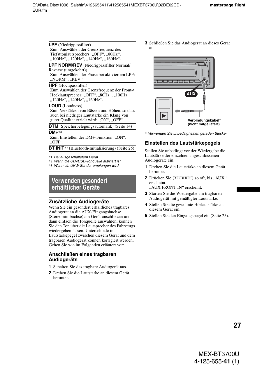 Verwenden gesondert erhältlicher geräte, Zusätzliche audiogeräte, Seite 27 | Seite 27) | Sony Bluetooth BT3700U User Manual | Page 57 / 180