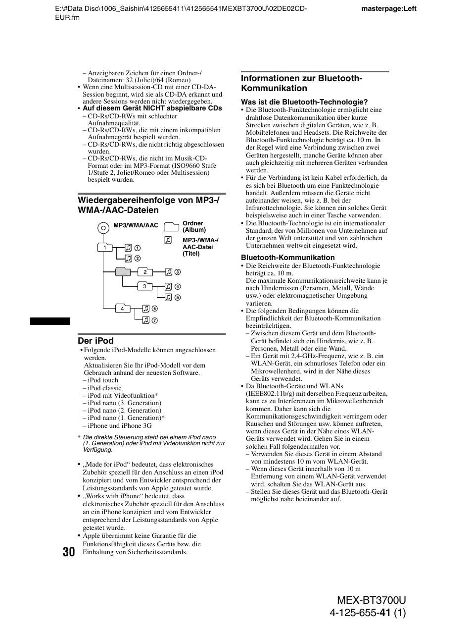 Wiedergabereihenfolge von mp3-/ wma-/aac-dateien, Der ipod, Informationen zur bluetooth- kommunikation | Sony Bluetooth BT3700U User Manual | Page 60 / 180