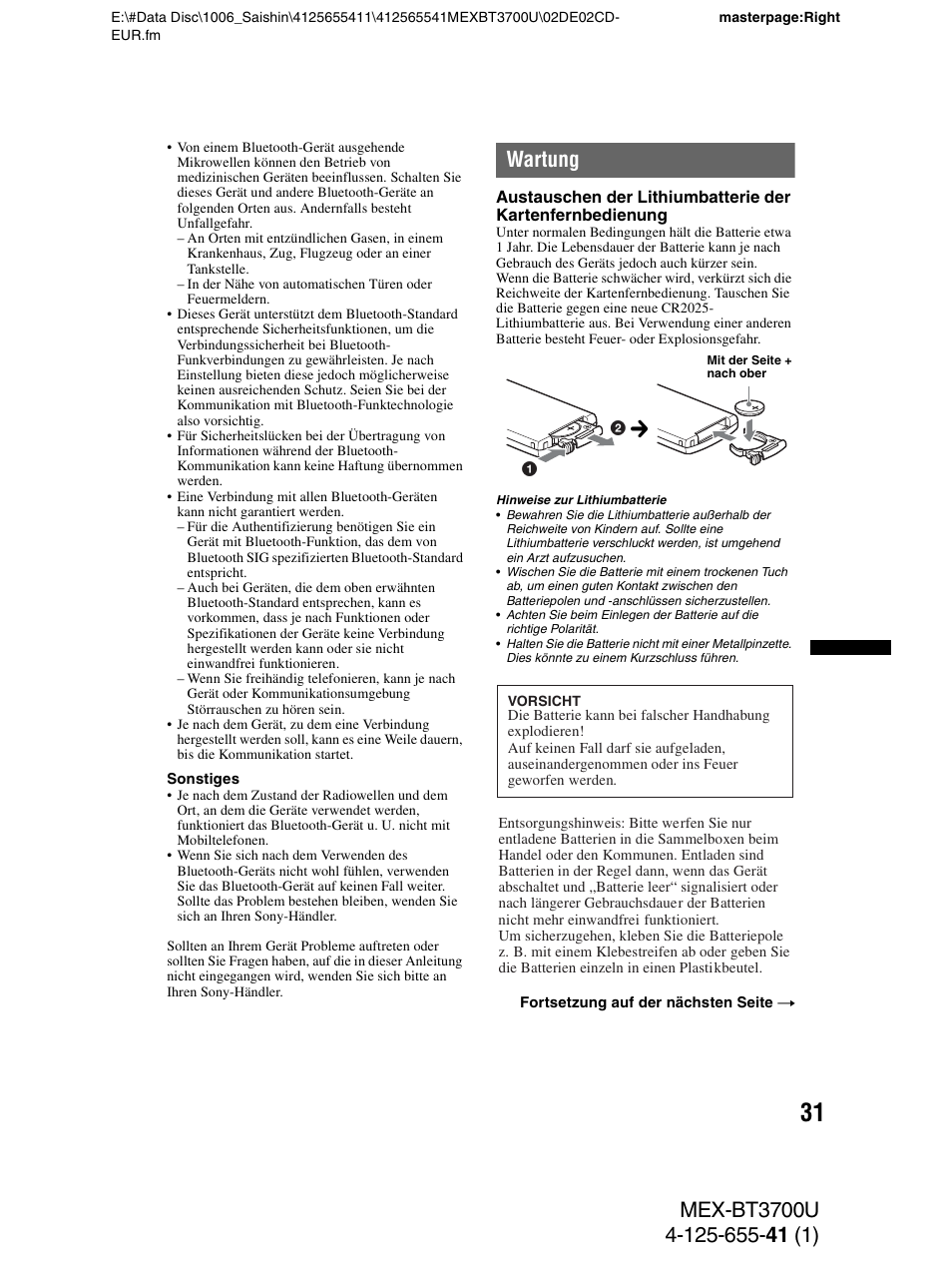 Wartung | Sony Bluetooth BT3700U User Manual | Page 61 / 180