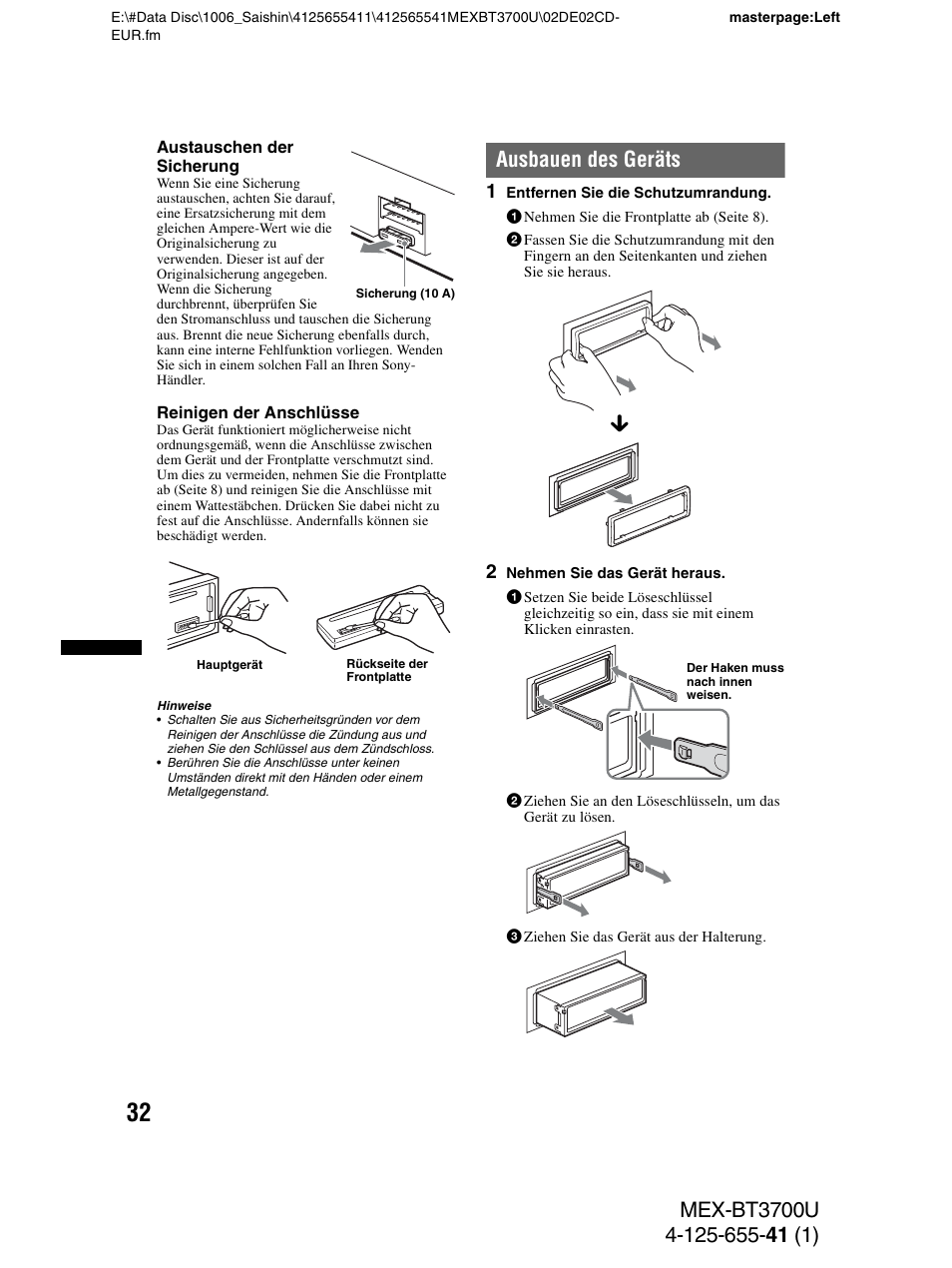 Ausbauen des geräts | Sony Bluetooth BT3700U User Manual | Page 62 / 180