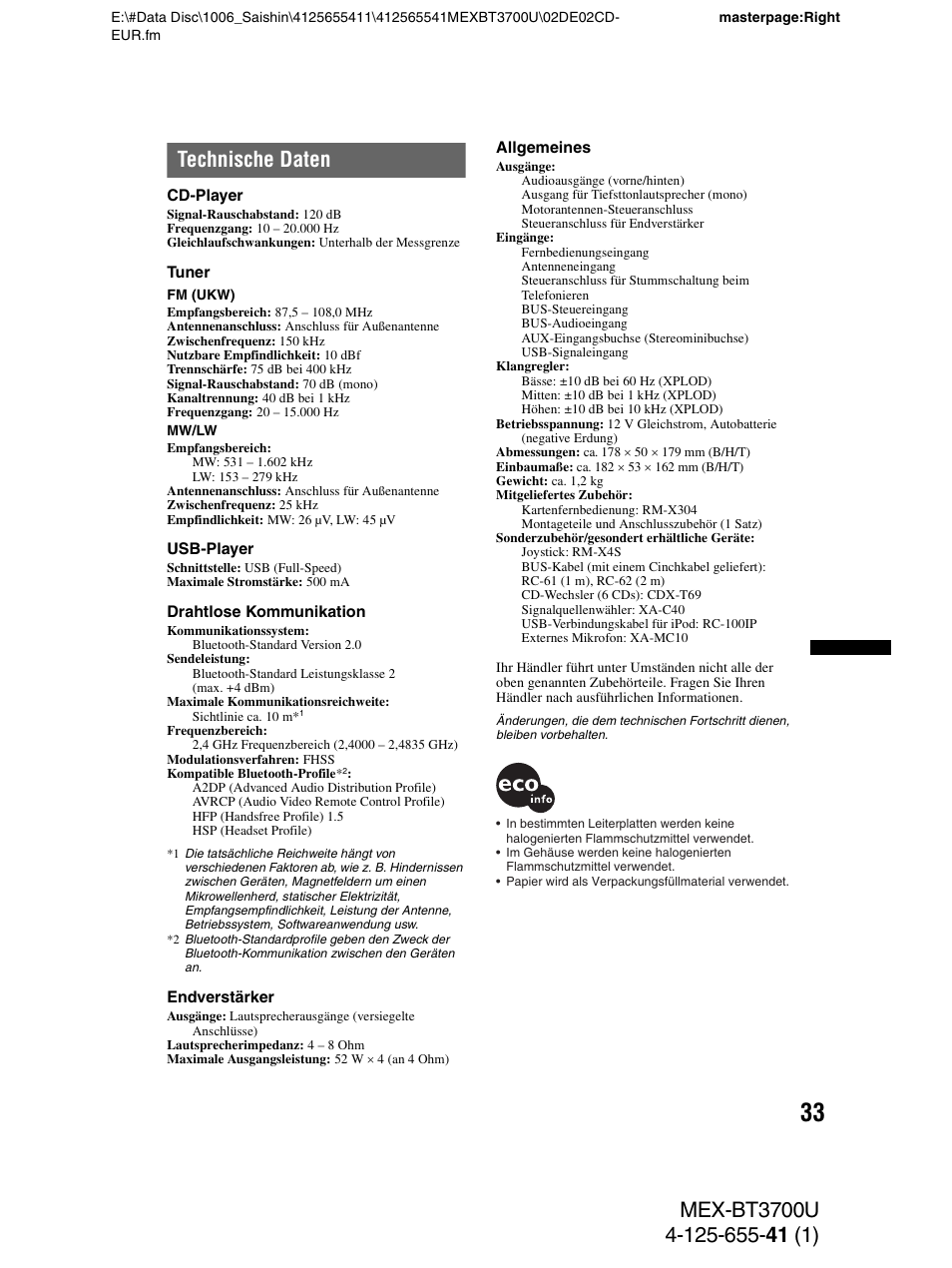 Technische daten | Sony Bluetooth BT3700U User Manual | Page 63 / 180