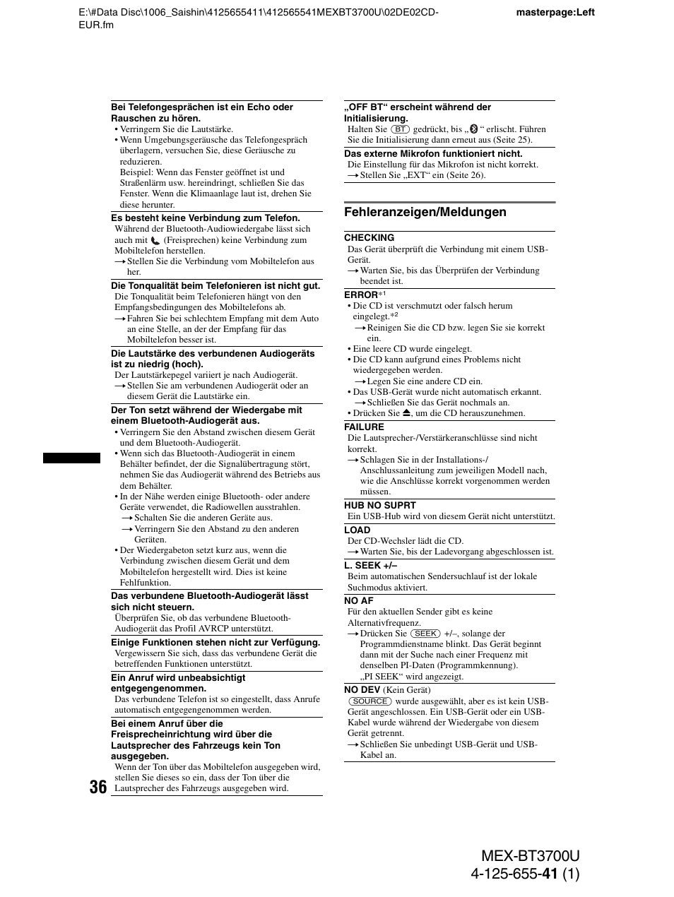 Fehleranzeigen/meldungen | Sony Bluetooth BT3700U User Manual | Page 66 / 180