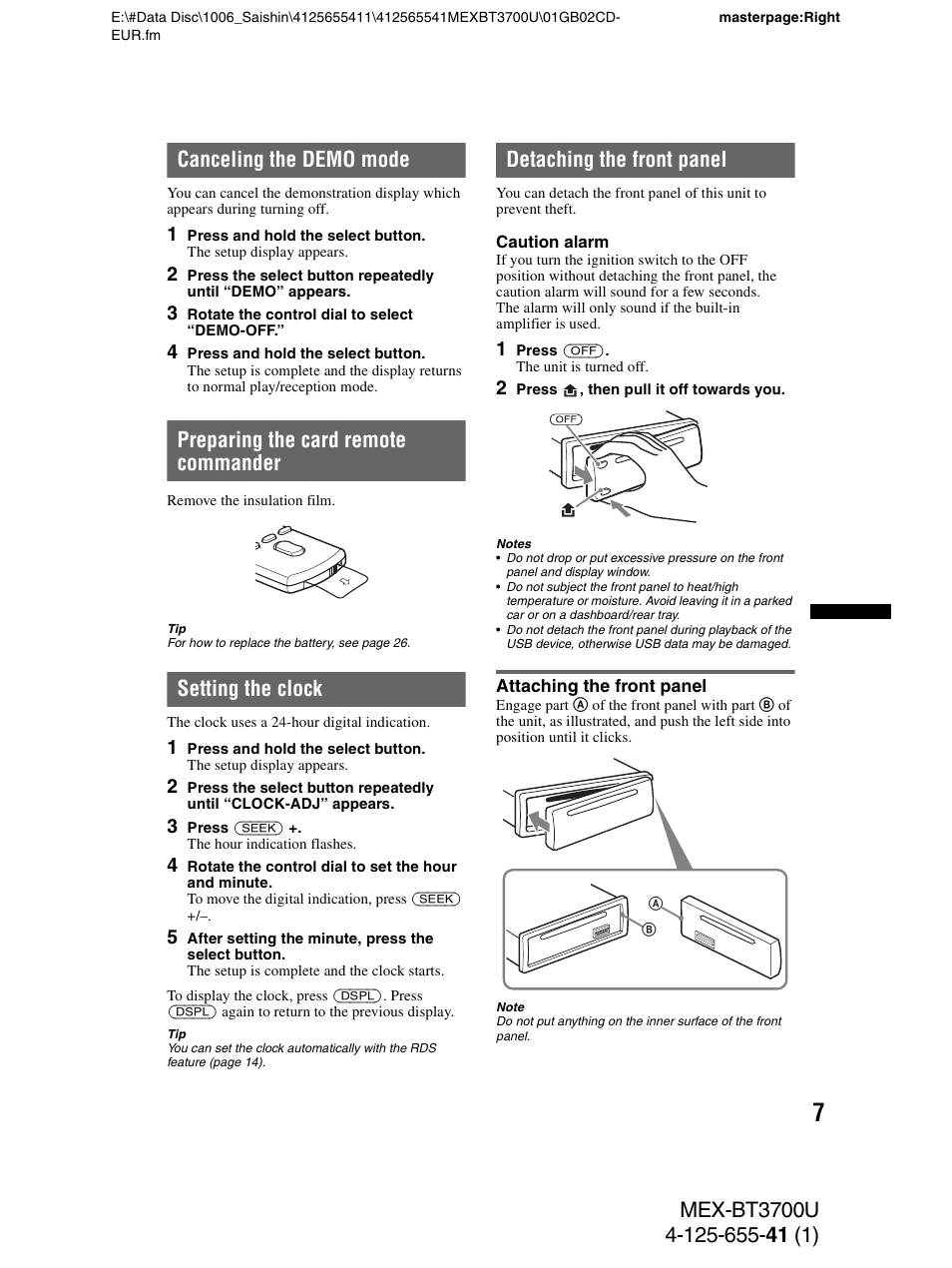 Canceling the demo mode, Preparing the card remote commander, Setting the clock | Detaching the front panel, Attaching the front panel, Seite 7 | Sony Bluetooth BT3700U User Manual | Page 7 / 180