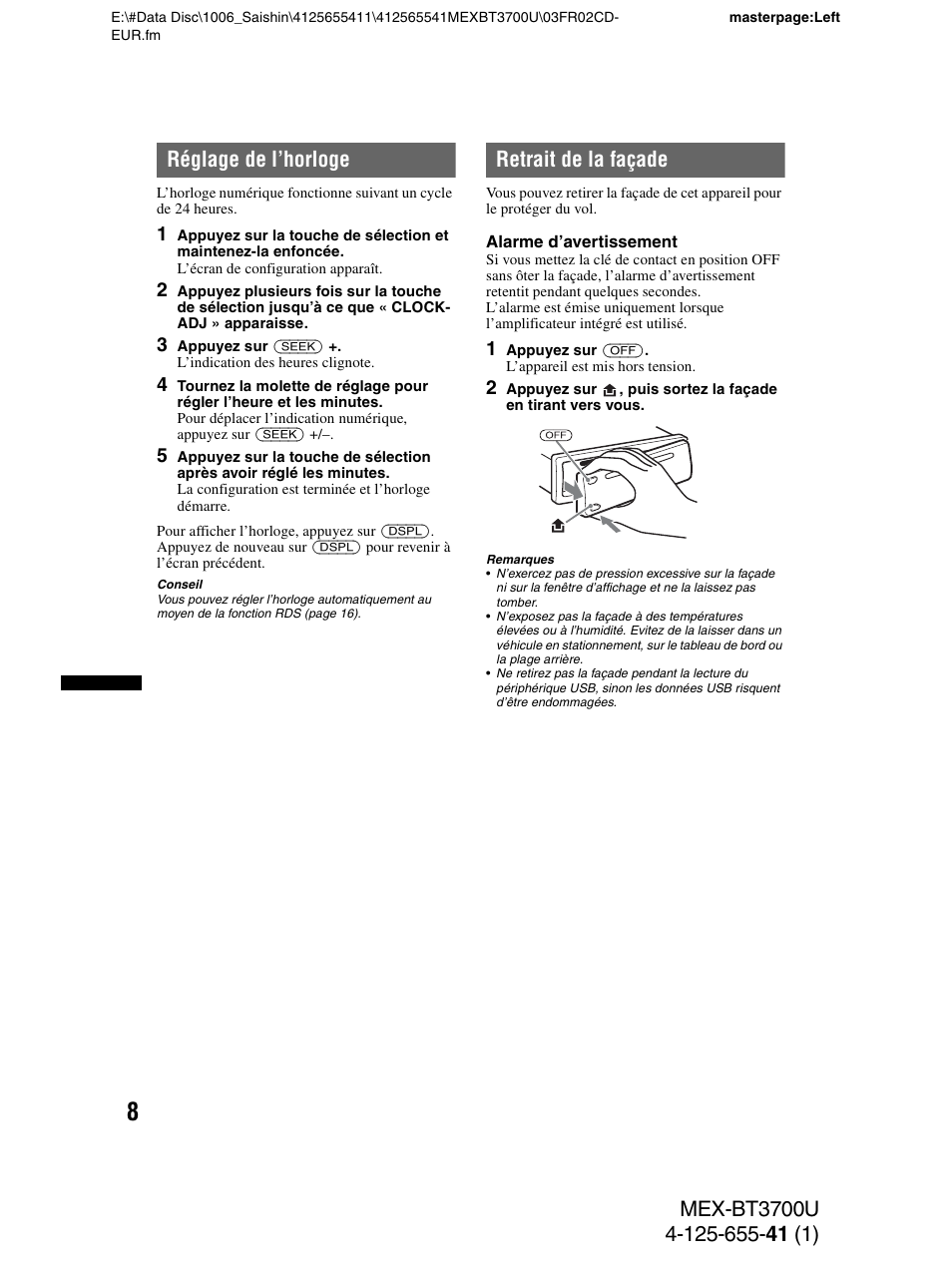 Réglage de l’horloge, Retrait de la façade, Réglage de l’horloge retrait de la façade | Sony Bluetooth BT3700U User Manual | Page 74 / 180