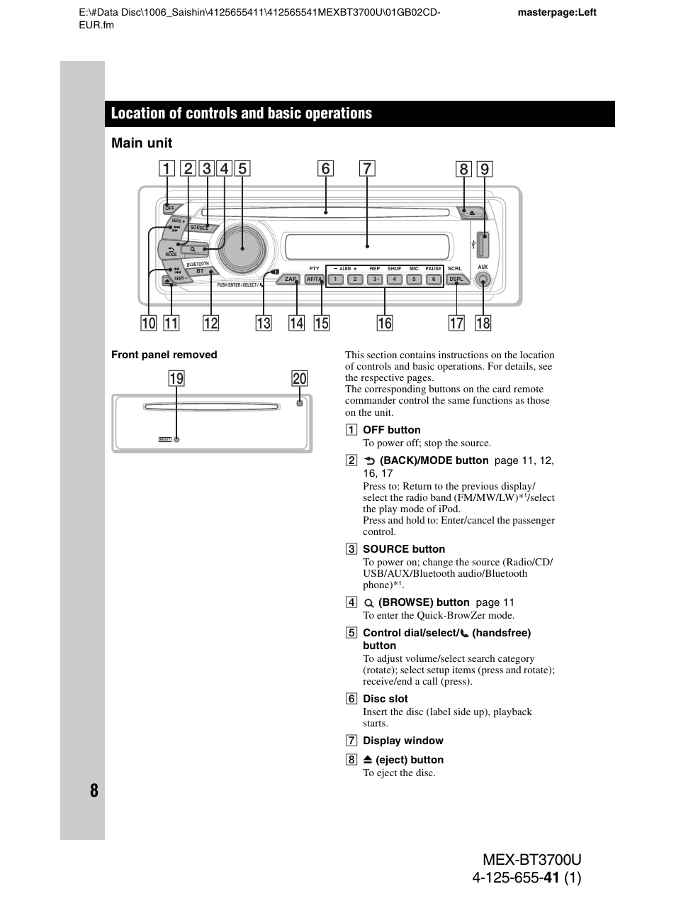 Location of controls and basic operations, Main unit, W; ql | Sony Bluetooth BT3700U User Manual | Page 8 / 180