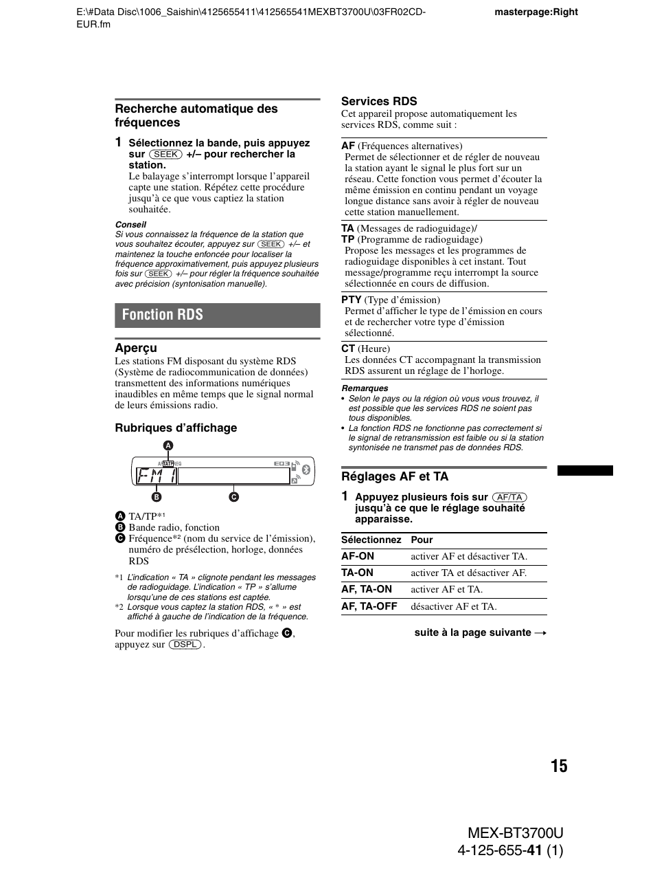 Recherche automatique des fréquences, Fonction rds, Aperçu | Réglages af et ta, Aperçu réglages af et ta | Sony Bluetooth BT3700U User Manual | Page 81 / 180